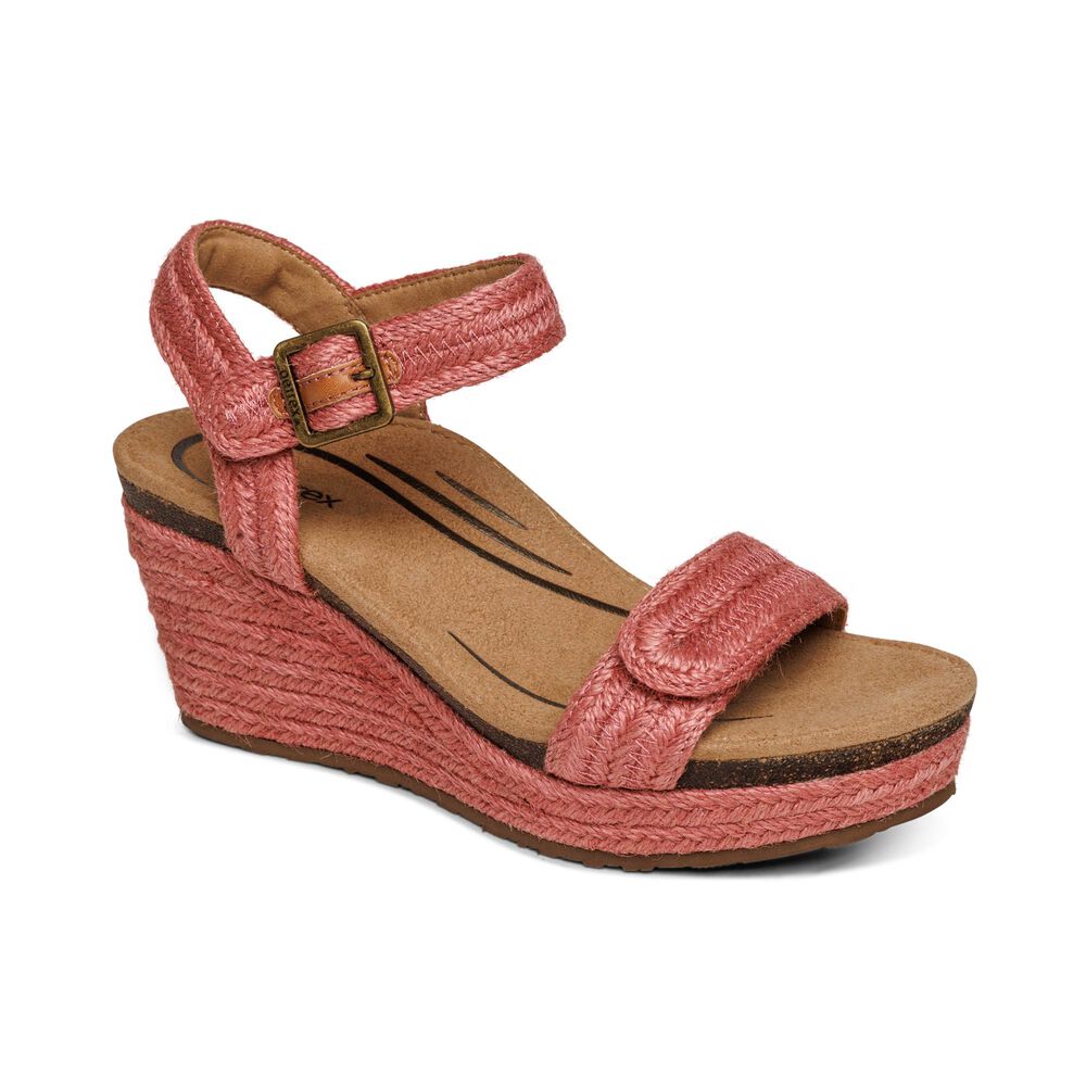 Aetrex Women's Sydney Quarter Strap Espadrille Wedge Sandals - Raspberry | USA 8AWNZN1